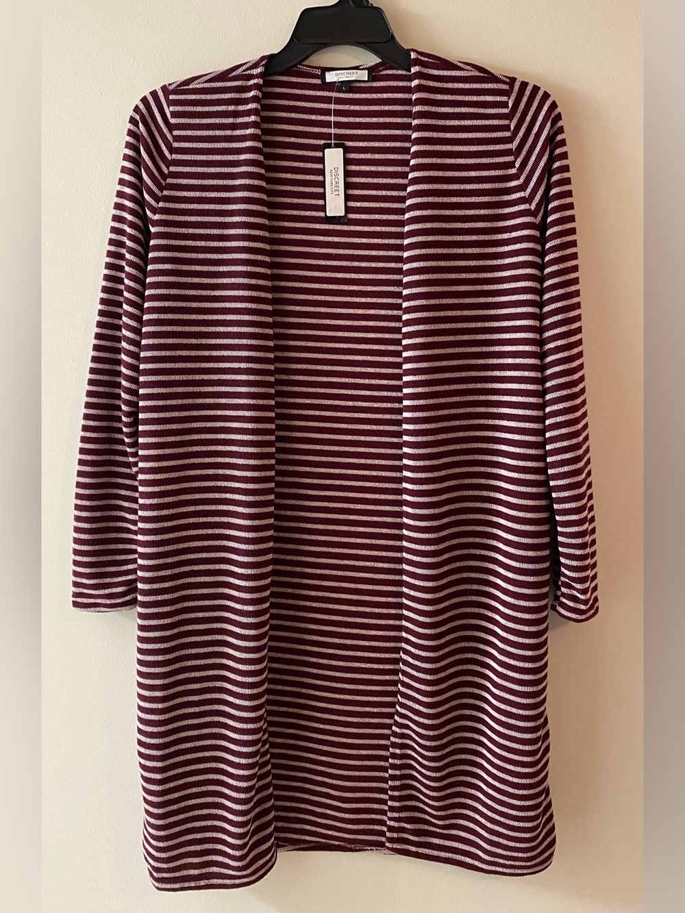Discreet New York City Burgundy and Cream Striped Open-Front Cardigan